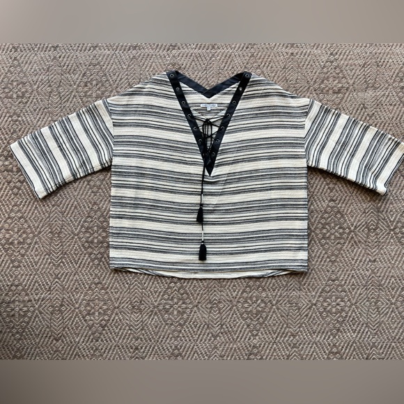 Rebecca Minkoff Black Stripe Lace Up Martin Top Leather Cotton Womens - Picture 5 of 10